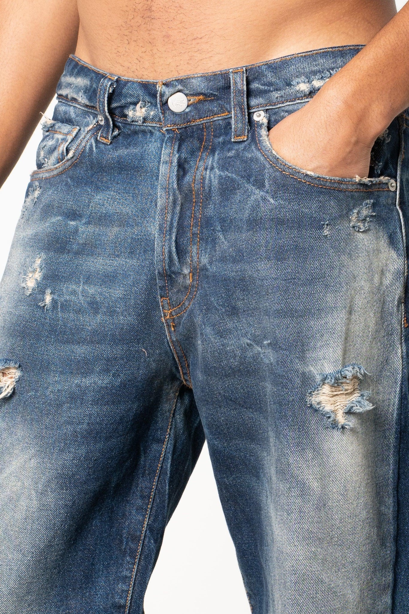 Jeans baggy blu con sarciture